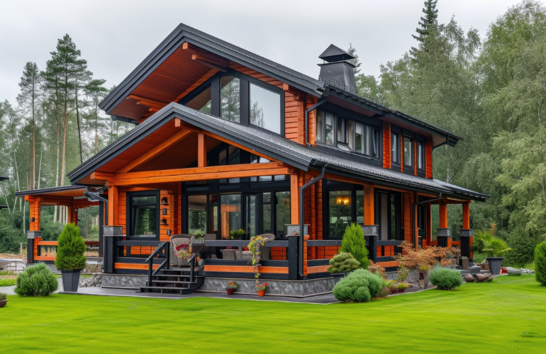 Front of a Modern Ranch House with a Sitting Area